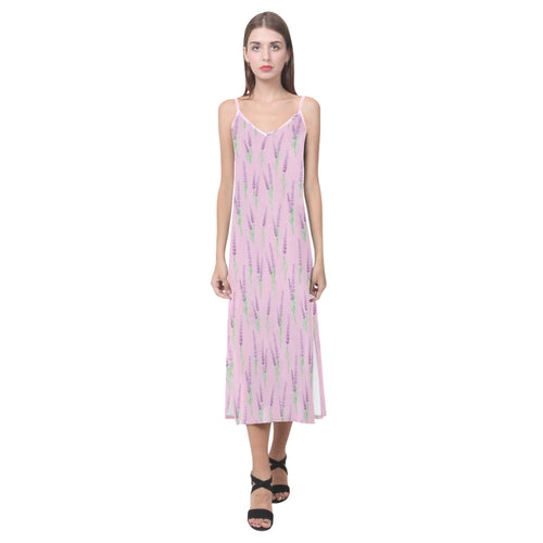 Lavender pattern pink background V-Neck Open Fork Long Dress