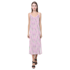 Lavender pattern pink background V-Neck Open Fork Long Dress