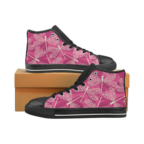 Beautiful dragonfly pink background Women's High Top Canvas Shoes Black
