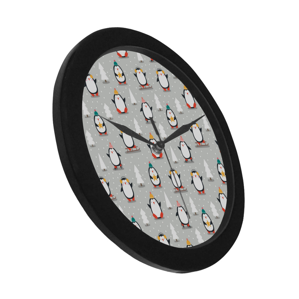 Cute Penguin christmas pattern Elegant Black Wall Clock