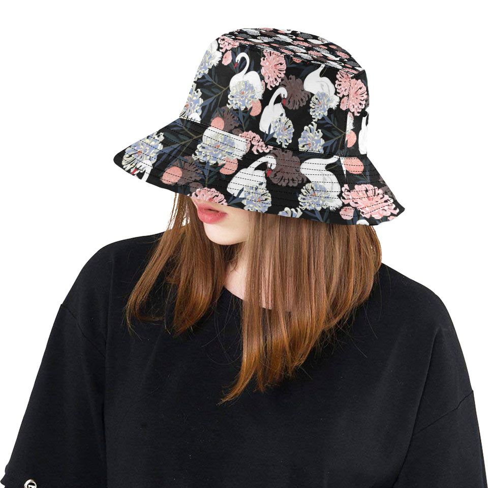 white swan blooming flower pattern Unisex Bucket Hat
