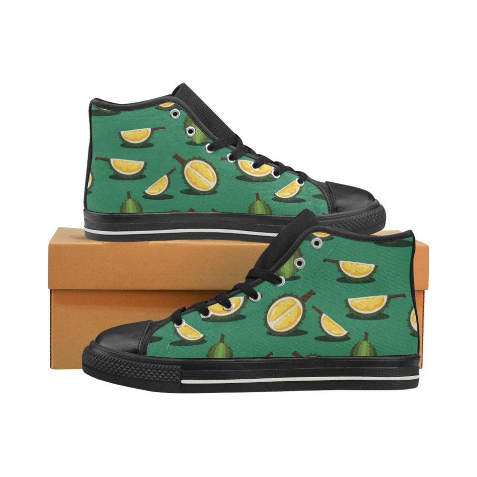 Durian pattern green background Women's High Top Canvas Shoes Black