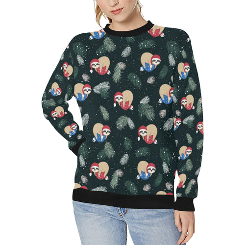 Cute sloths sleeping christmas ball santa hat patt Women's Crew Neck Sweatshirt