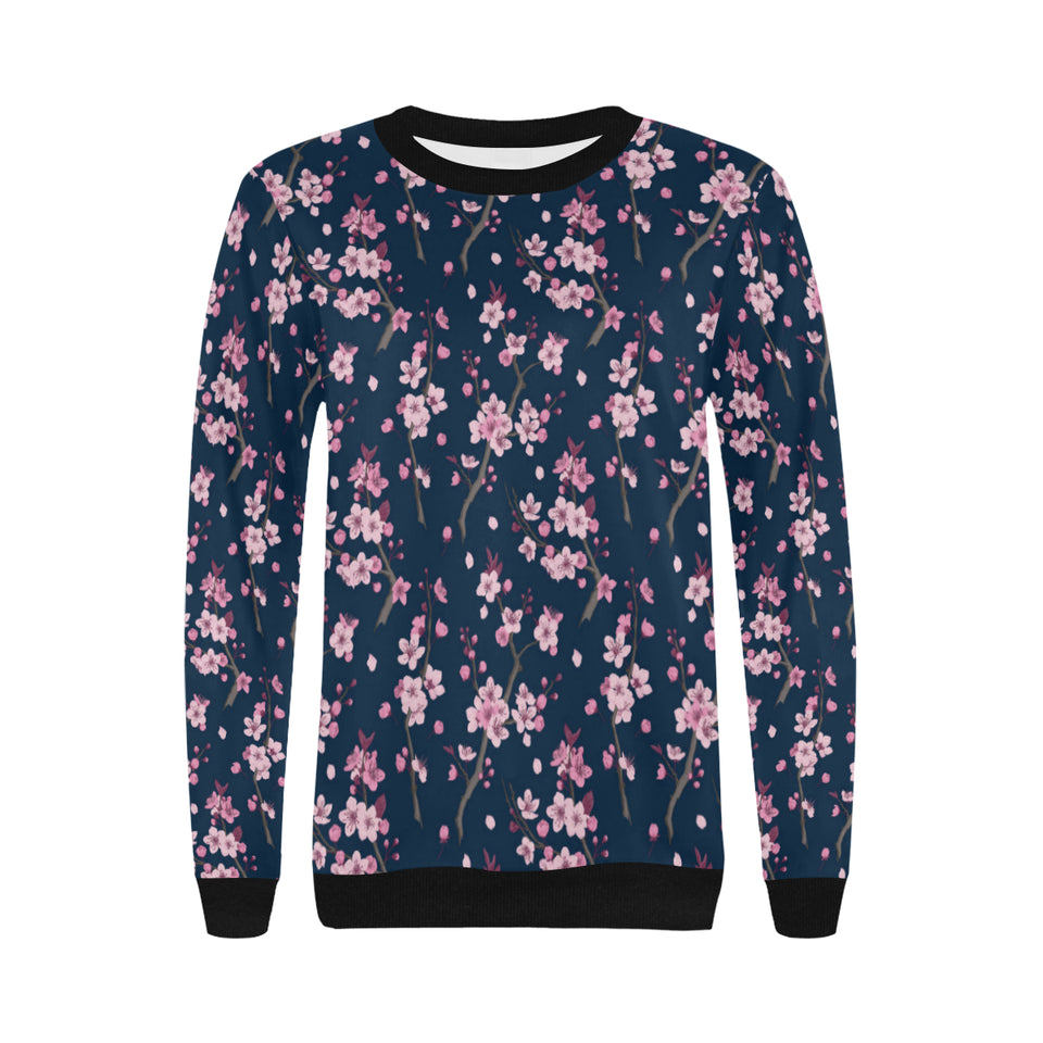 Pink sakura cherry blossom blue background Women's Crew Neck Sweatshirt