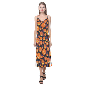 Halloween Pumpkin pattern V-Neck Open Fork Long Dress