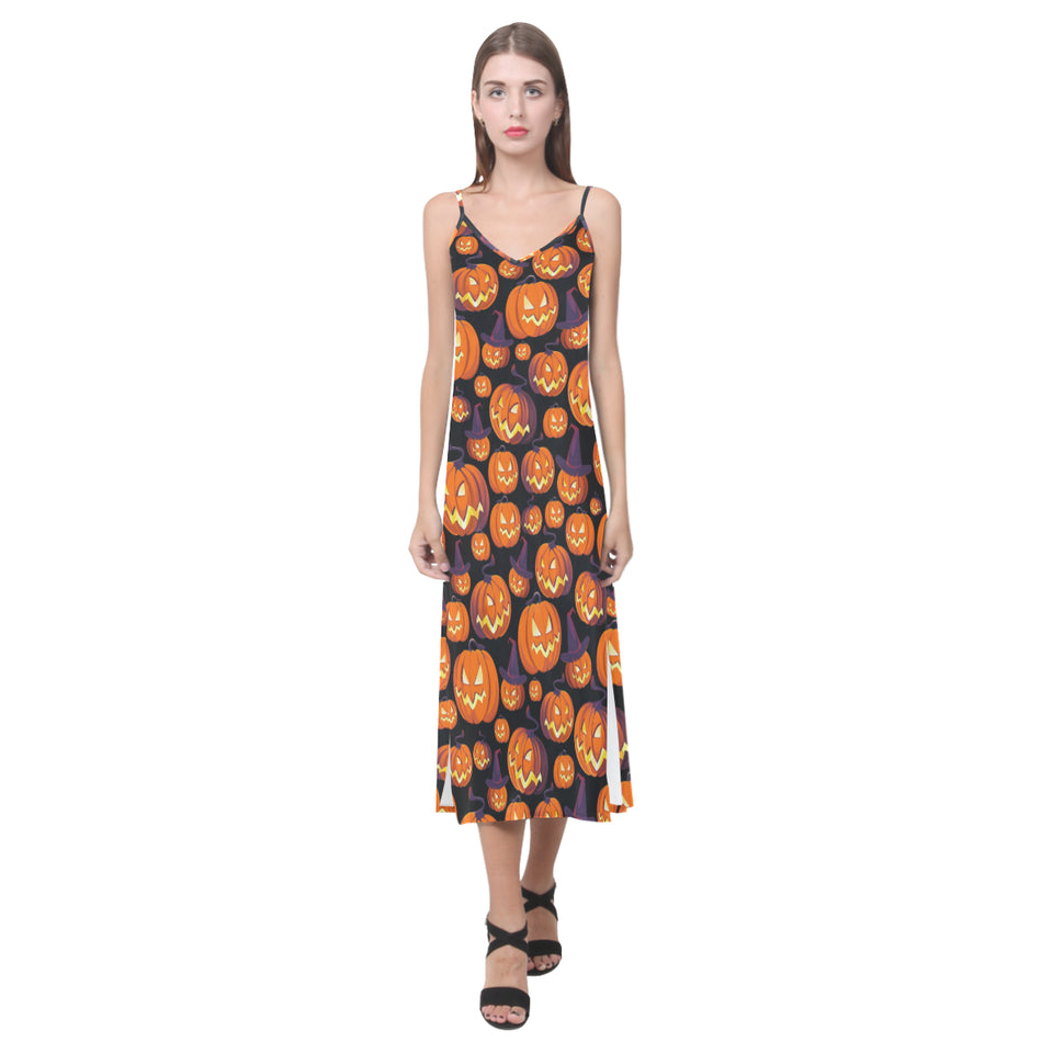 Halloween Pumpkin pattern V-Neck Open Fork Long Dress