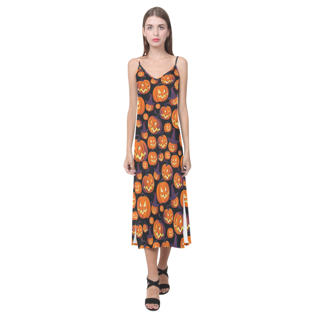 Halloween Pumpkin pattern V-Neck Open Fork Long Dress