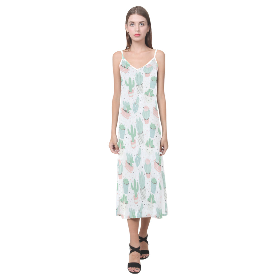 Pastel color cactus pattern V-Neck Open Fork Long Dress