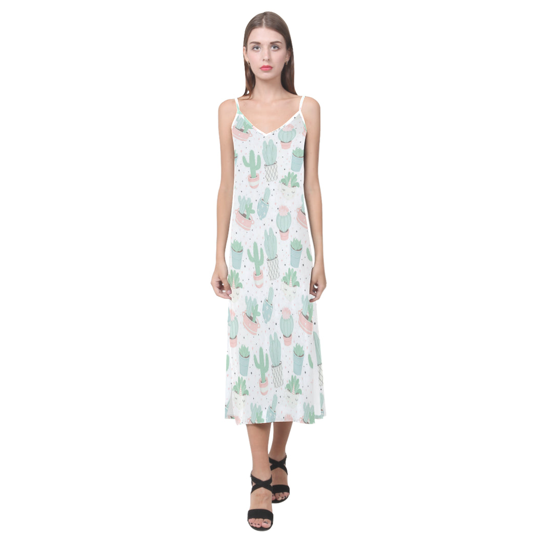 Pastel color cactus pattern V-Neck Open Fork Long Dress