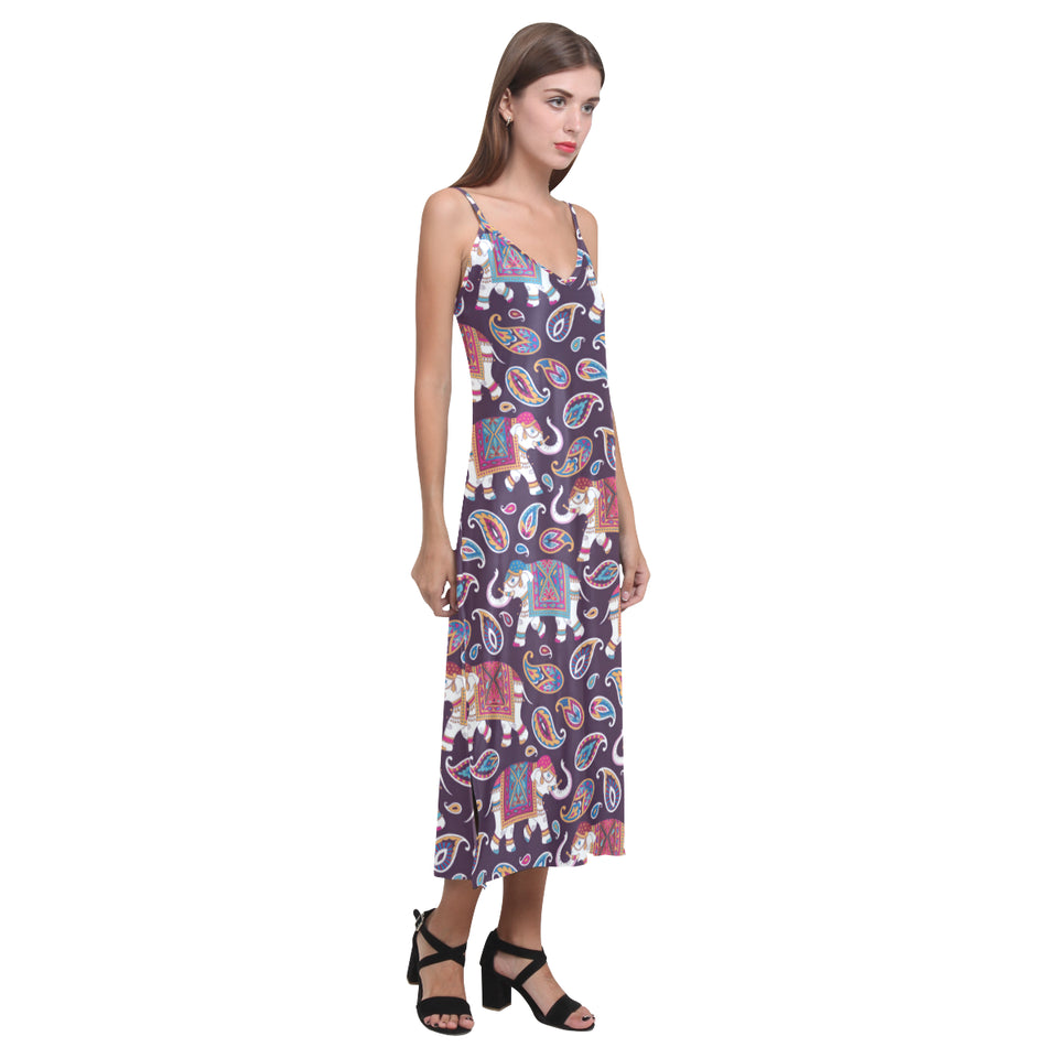 Elephant indian style ornament pattern V-Neck Open Fork Long Dress