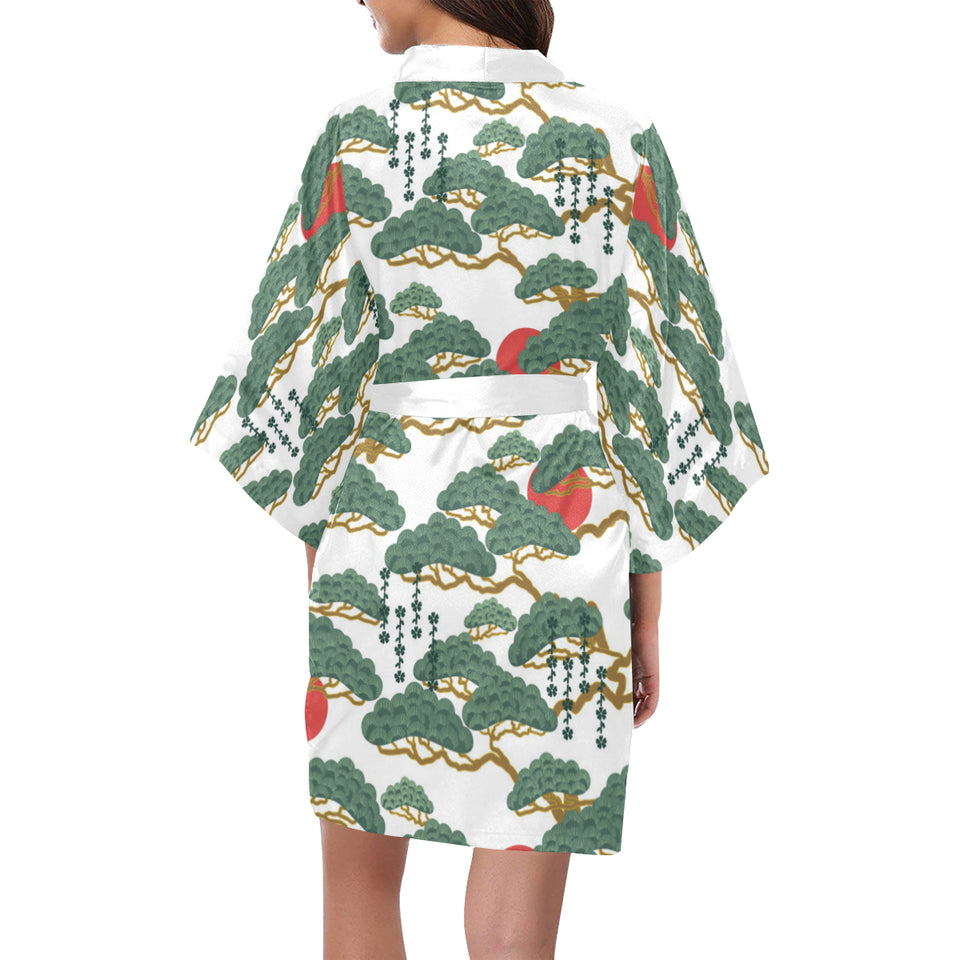Bonsai red sun japanese pattern Women's Short Kimono Robe