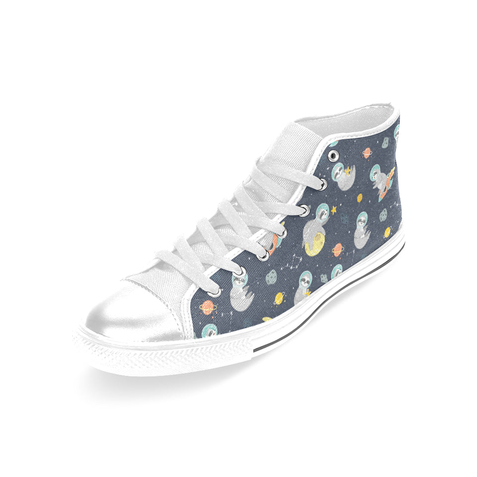 Cute sloth astronaut star planet rocket pattern Women's High Top Canvas Shoes White