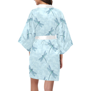 Dragonfly pattern blue background Women's Short Kimono Robe