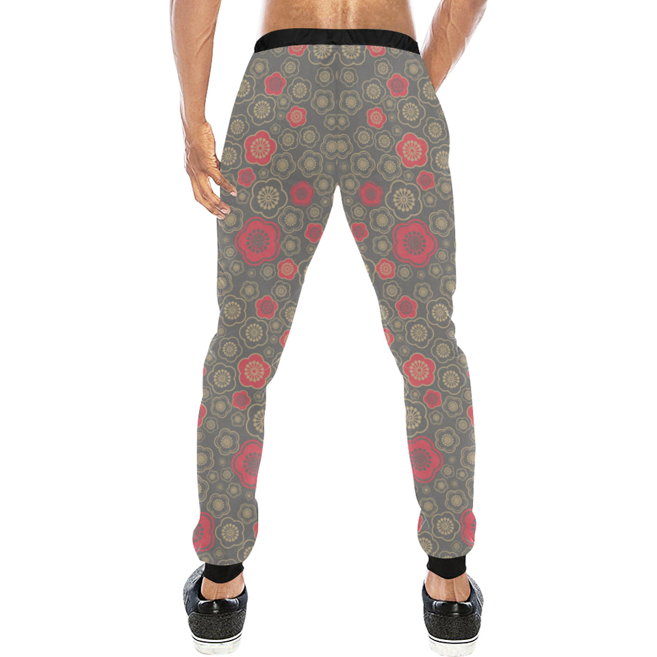 Red gold Sakura cherry blossom gray background Unisex Casual Sweatpants