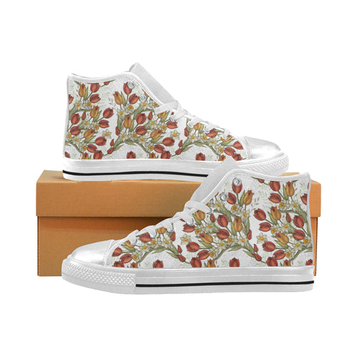 Red tulips and daffodils pattern Women's High Top Canvas Shoes White