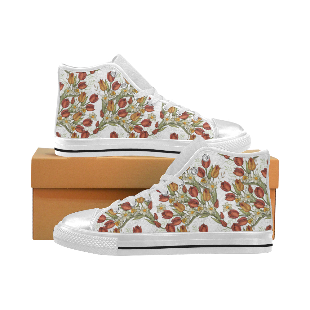 Red tulips and daffodils pattern Women's High Top Canvas Shoes White