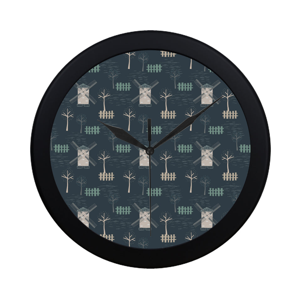 windmill tree pattern Elegant Black Wall Clock