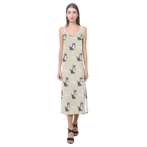 Cute Siberian Husky V-Neck Open Fork Long Dress