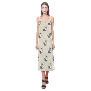 Cute Siberian Husky V-Neck Open Fork Long Dress