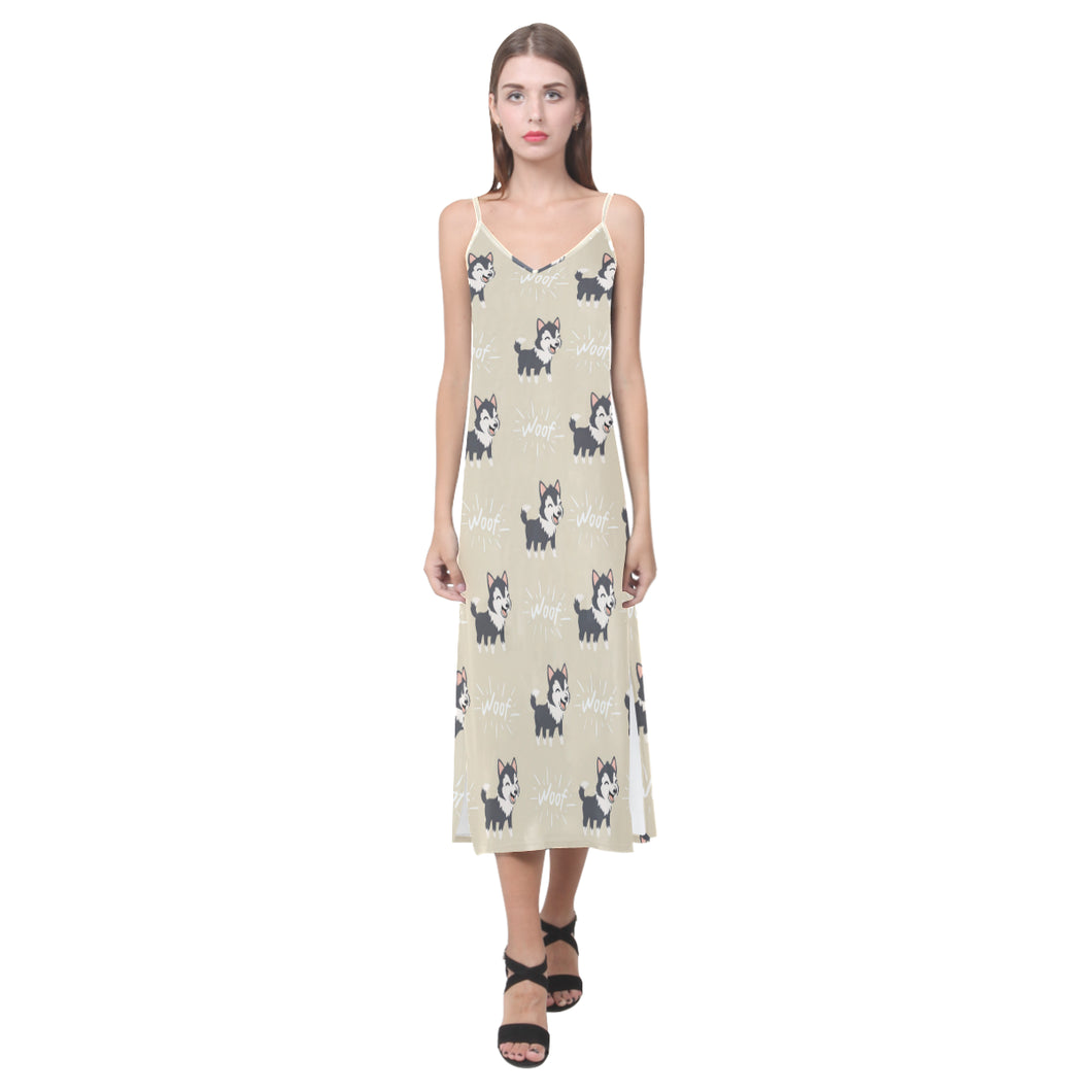 Cute Siberian Husky V-Neck Open Fork Long Dress