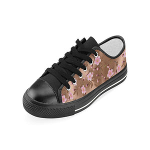 Pink sakura cherry blossom drak brown background Kids' Boys' Girls' Low Top Canvas Shoes Black