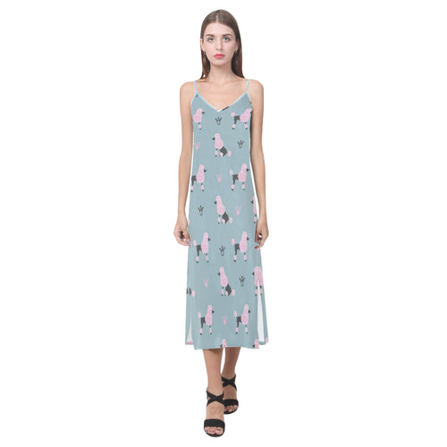 poodle dog pattern V-Neck Open Fork Long Dress