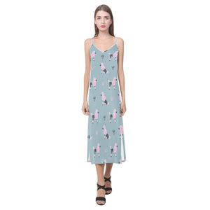 poodle dog pattern V-Neck Open Fork Long Dress