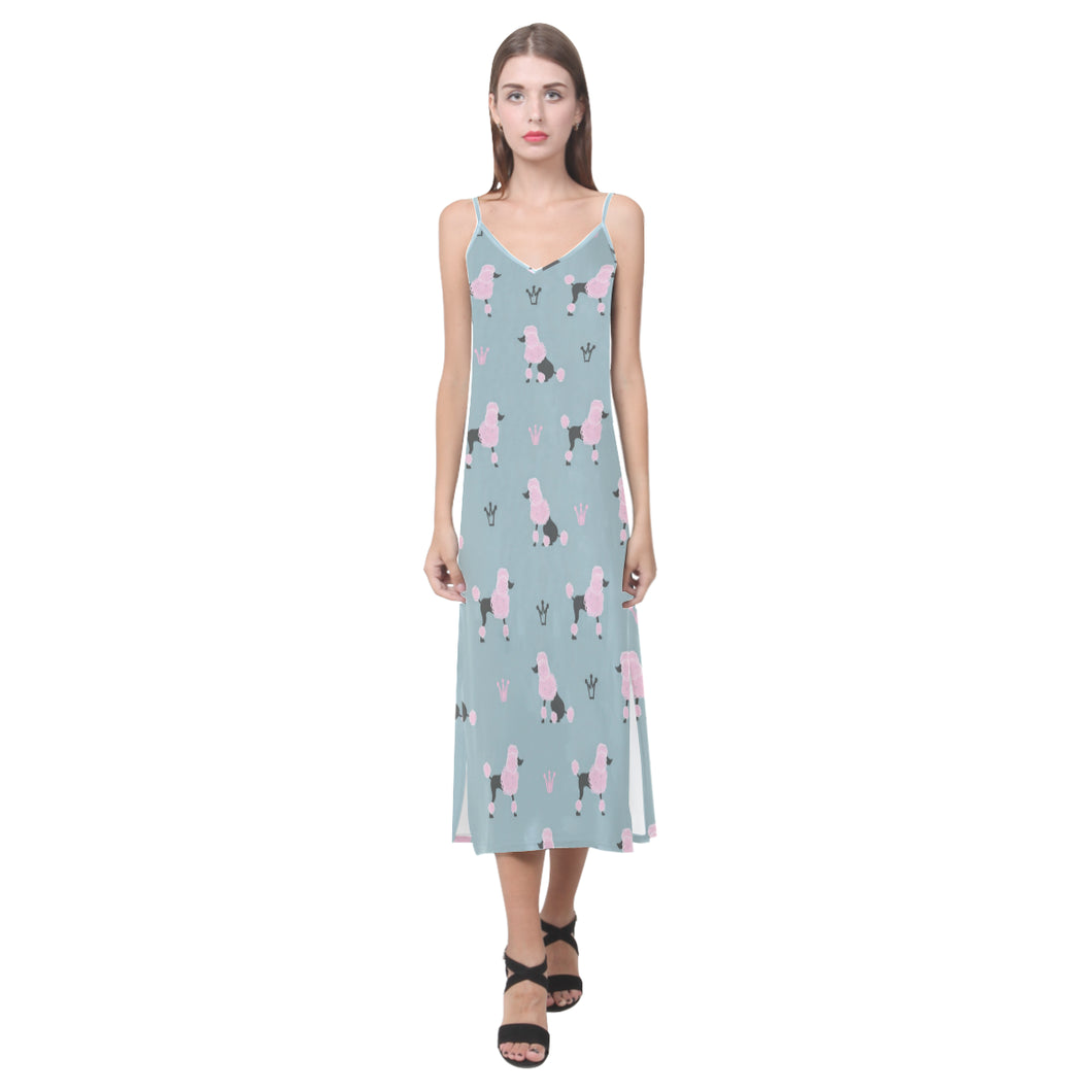 poodle dog pattern V-Neck Open Fork Long Dress