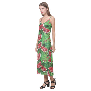 Watermelons tropical palm leaves pattern backgroun V-Neck Open Fork Long Dress