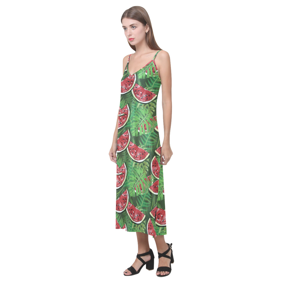 Watermelons tropical palm leaves pattern backgroun V-Neck Open Fork Long Dress
