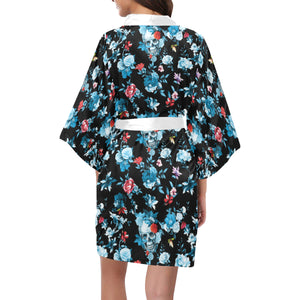 Skull flower roses leave pattern Women's Short Kimono Robe