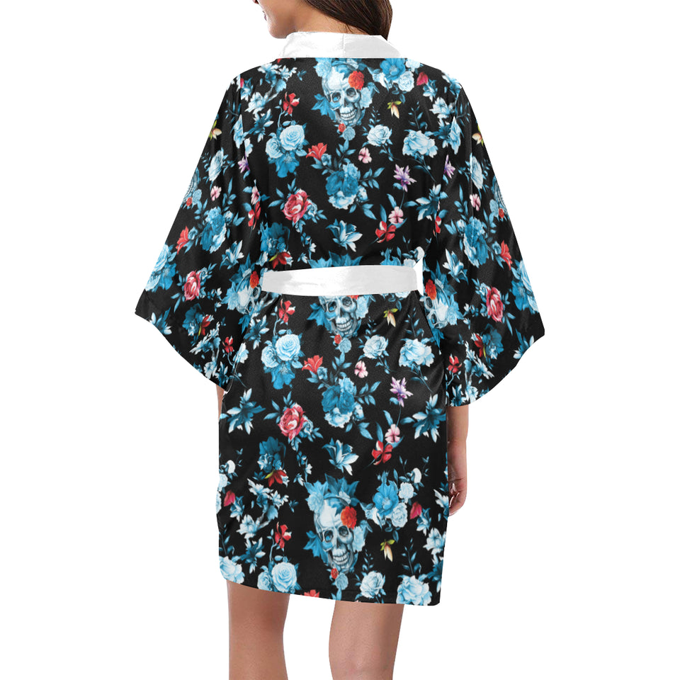 Skull flower roses leave pattern Women's Short Kimono Robe