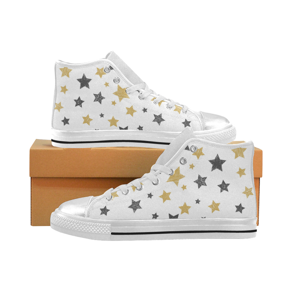 hand drawn gold black star pattern Women's High Top Canvas Shoes White