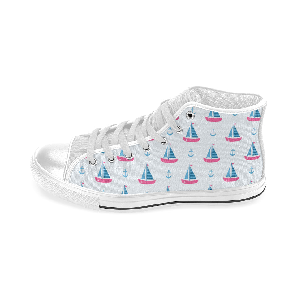 Sailboat anchor pattern Men's High Top Canvas Shoes White