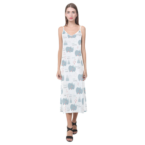 cute rhino heart pattern V-Neck Open Fork Long Dress