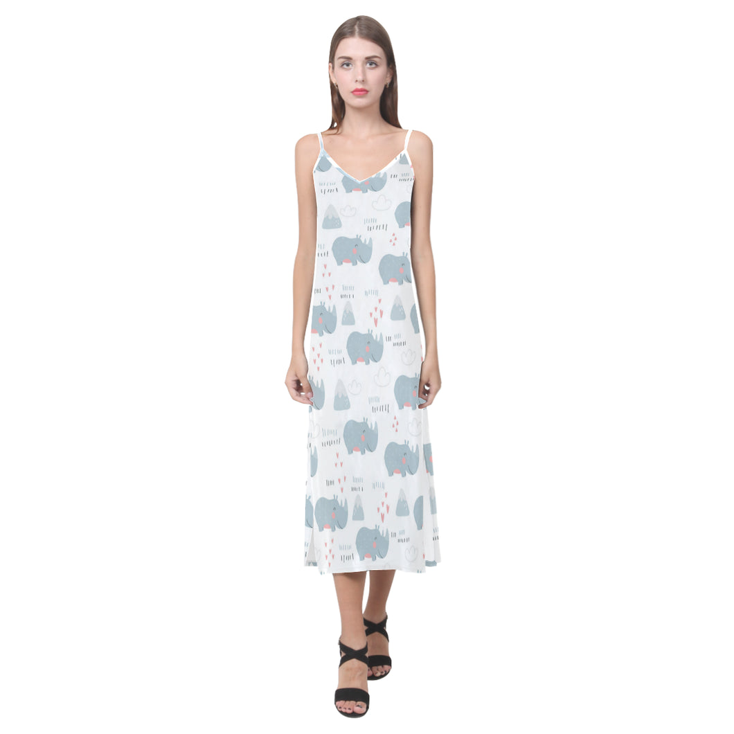 cute rhino heart pattern V-Neck Open Fork Long Dress