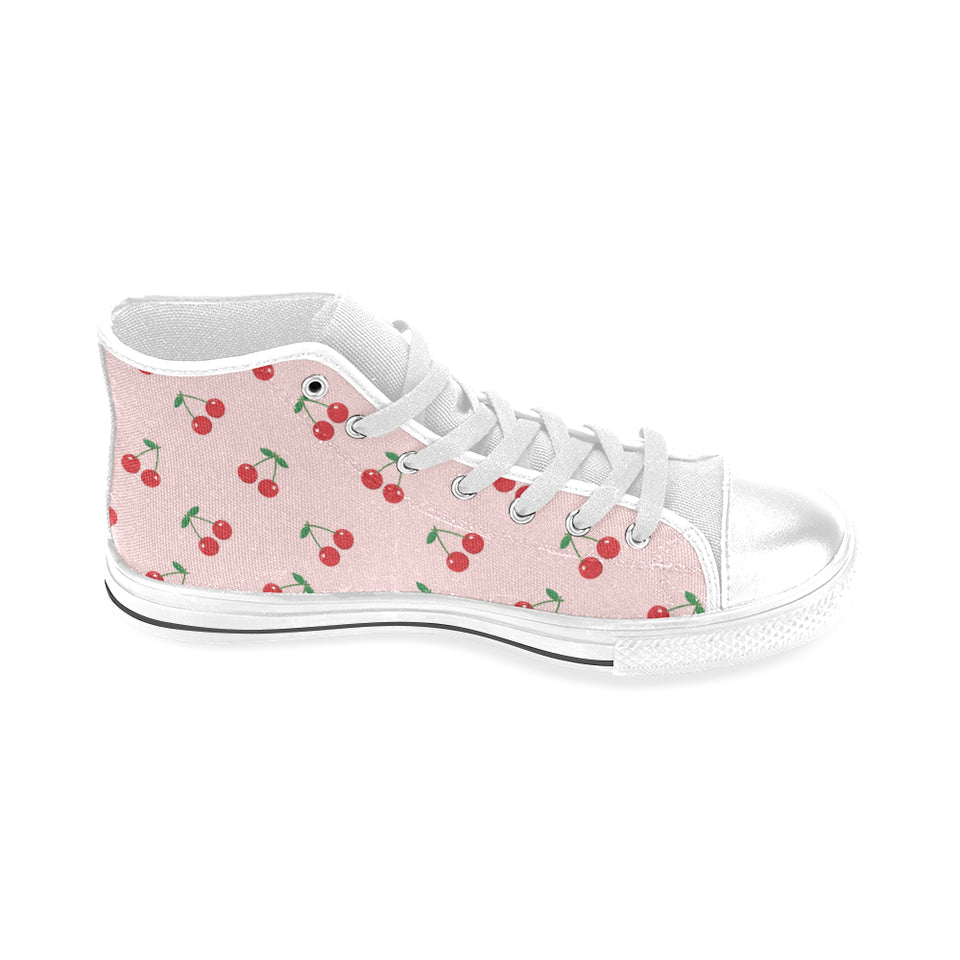 cherry pattern pink background Men's High Top Canvas Shoes White