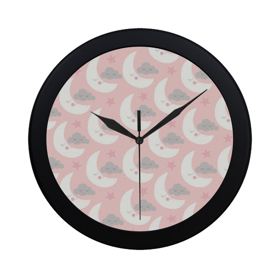 Cute moon cloud star pattern pink dot background Elegant Black Wall Clock