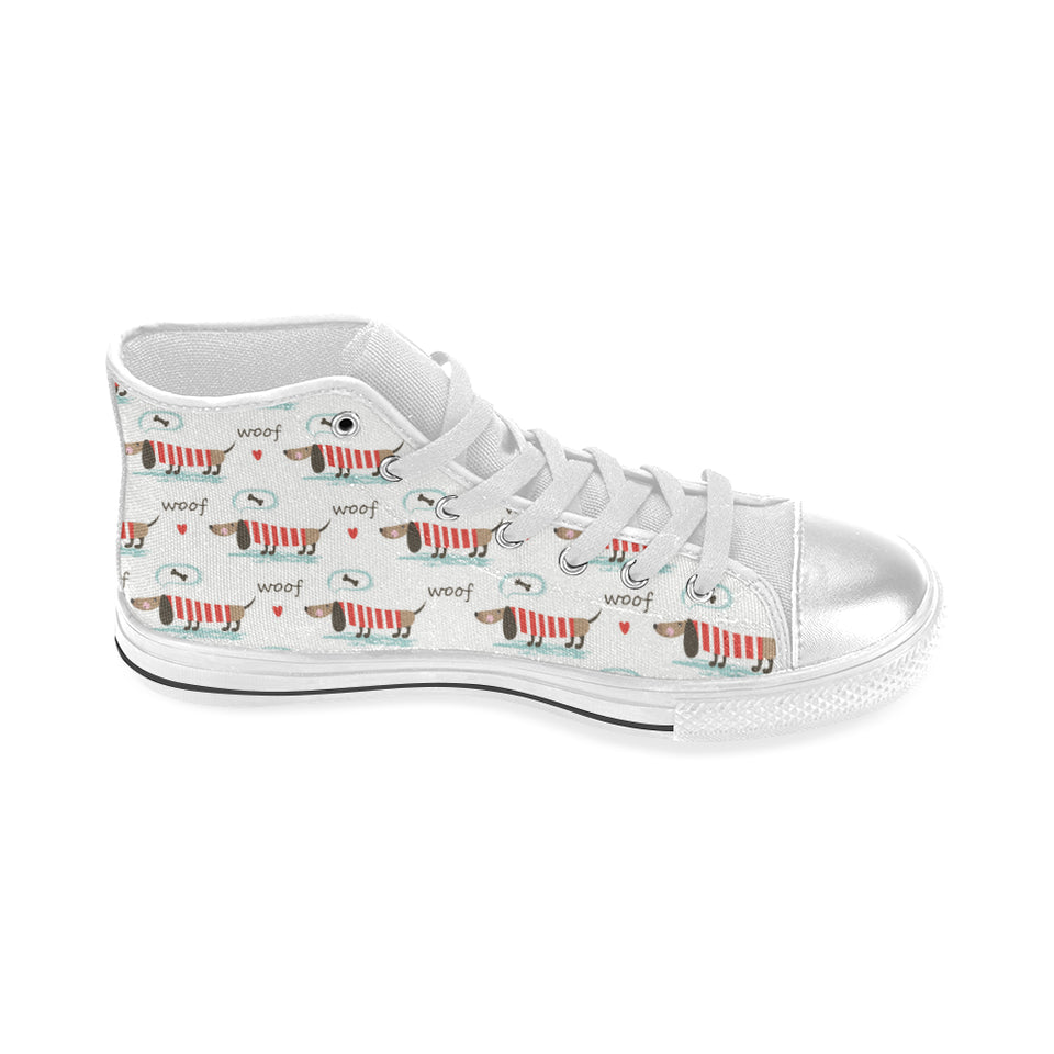 Cute dachshund bone pattern Women's High Top Canvas Shoes White