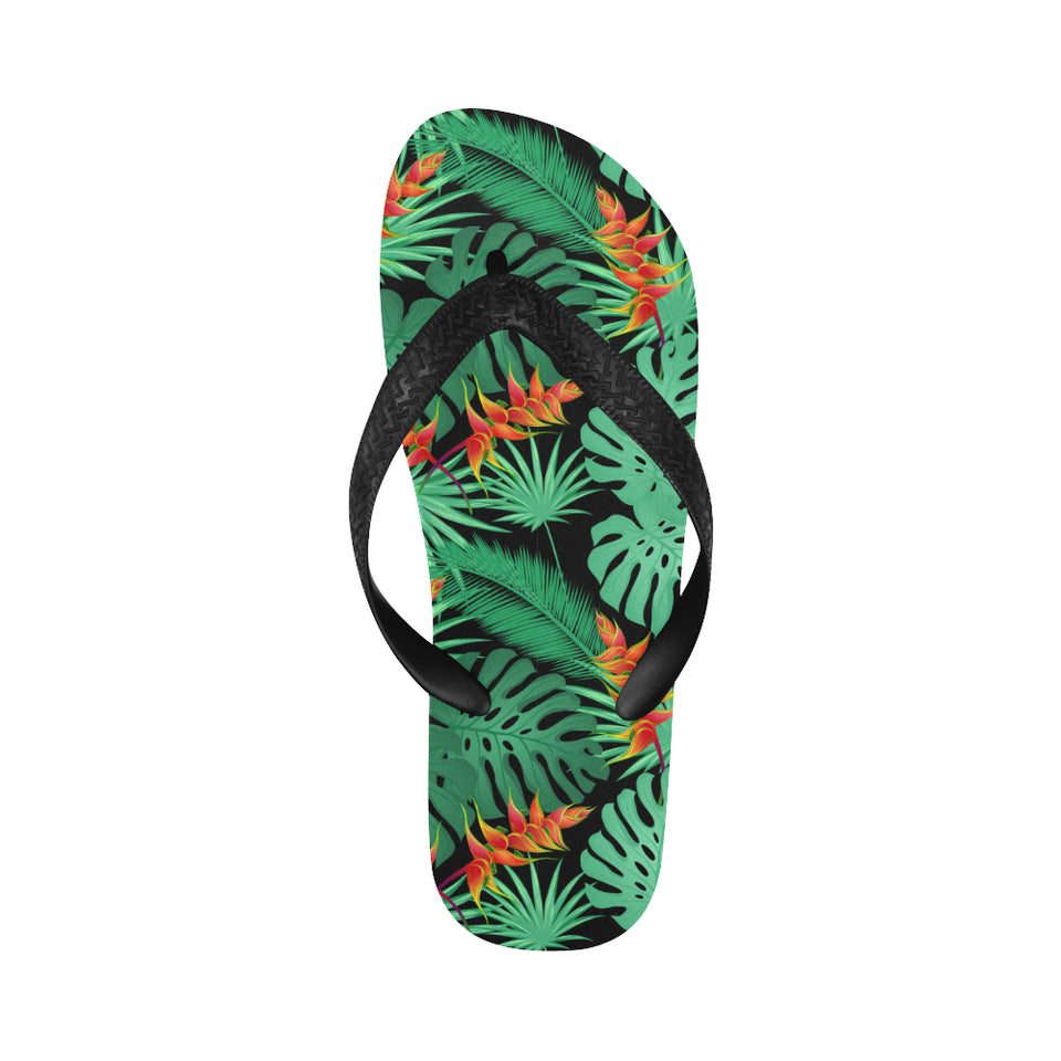 heliconia flower palm monstera leaves black backgr Unisex Flip Flops