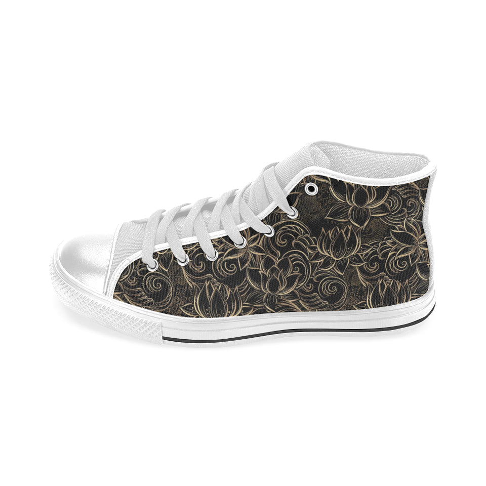 luxurious gold lotus waterlily black background Men's High Top Canvas Shoes White