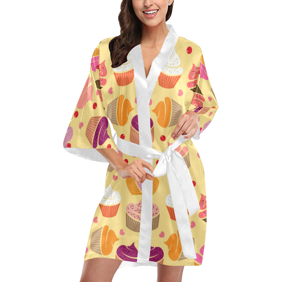cake cupcake heart cherry pattern Women's Short Kimono Robe
