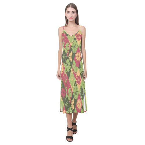 Cool Geometric lime pattern V-Neck Open Fork Long Dress