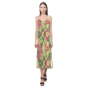 Cool Geometric lime pattern V-Neck Open Fork Long Dress