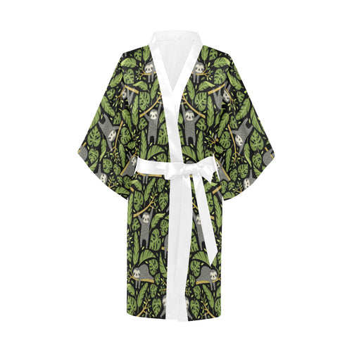 Cute sloths tropical palm leaves black background Women's Short Kimono Robe