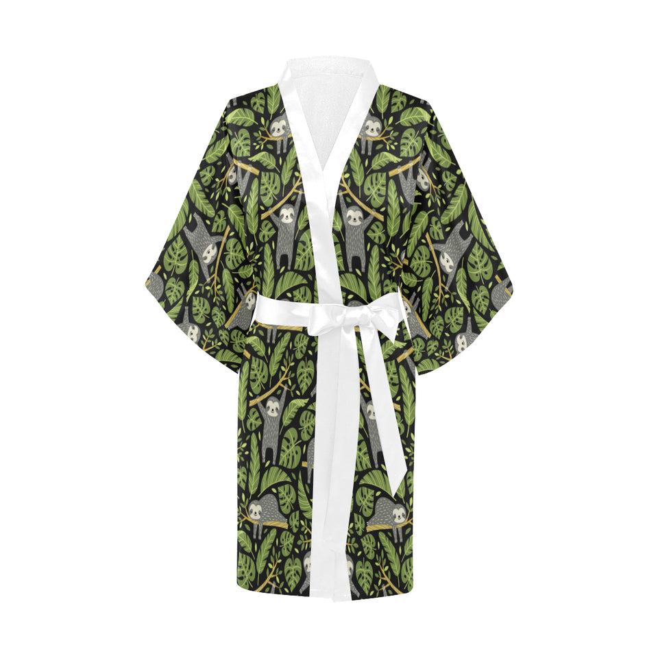 Cute sloths tropical palm leaves black background Women's Short Kimono Robe