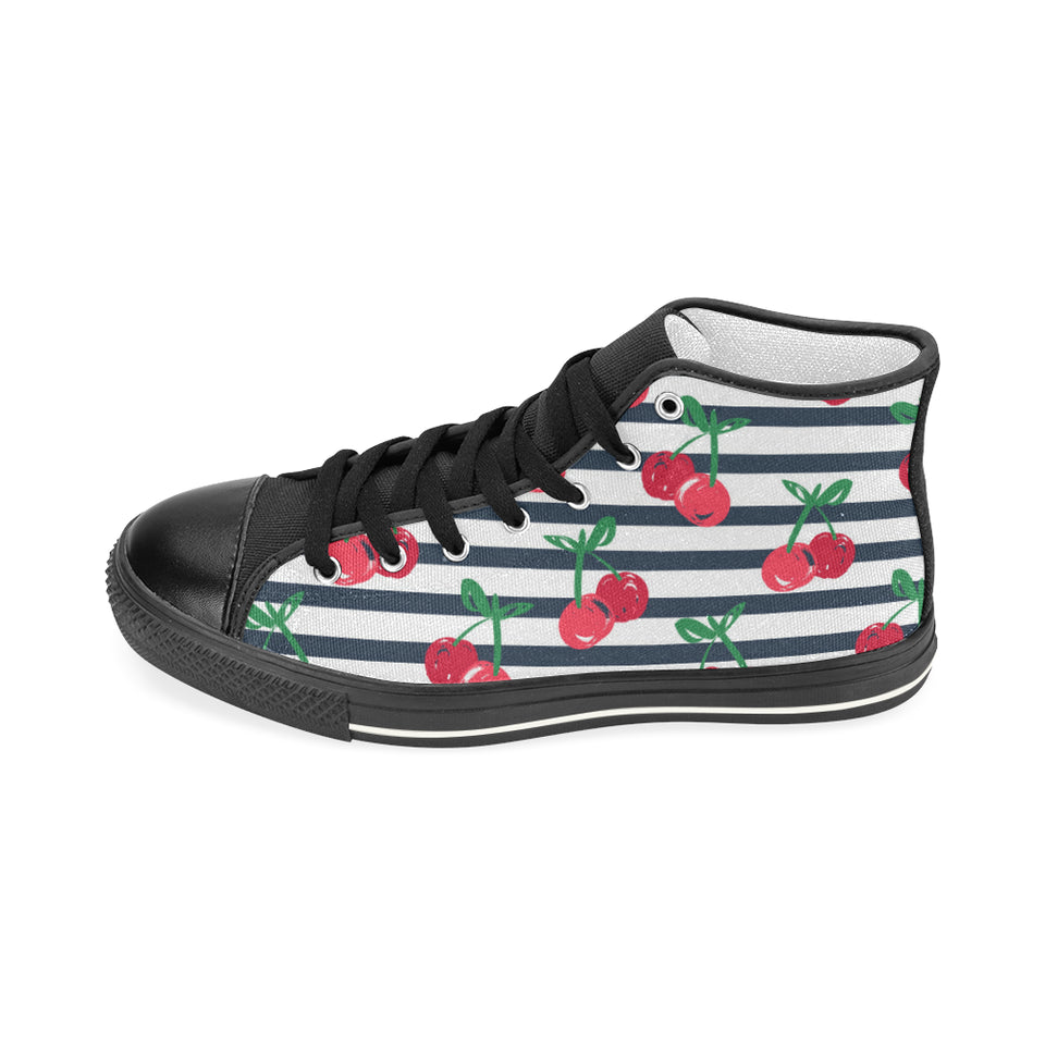 Hand drawn cherry pattern striped background Men's High Top Canvas Shoes Black