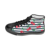 Hand drawn cherry pattern striped background Men's High Top Canvas Shoes Black