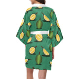 Durian pattern green background Women's Short Kimono Robe