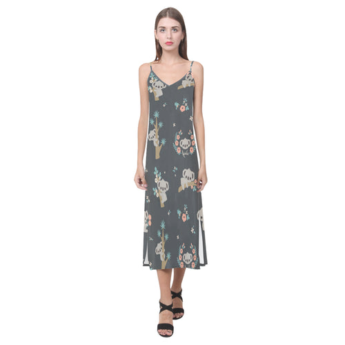 Cute koala pattern V-Neck Open Fork Long Dress